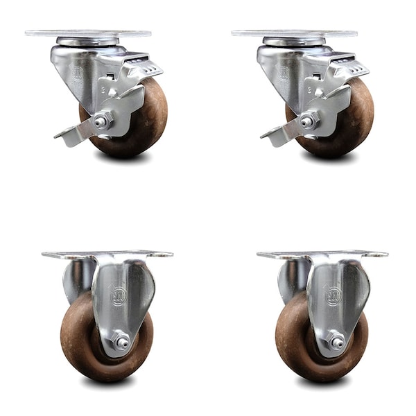 3 Inch High Temp Glass Filled Nylon Top Plate Caster Set with 2 Brakes 2 Rigid